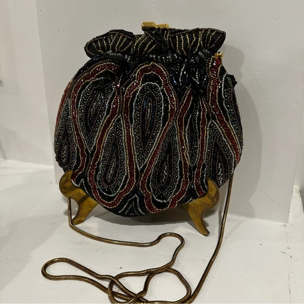 Vanessa Vintage Beaded Evening Bag Gold Snake Chain Paisley Handbag